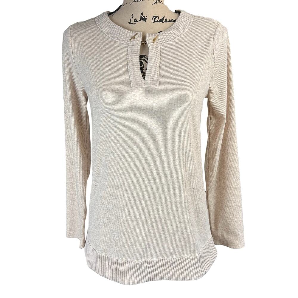 Rafaella Knit Top Women Sz XS Beige Classic Split V Neck Preppy Pullover Sweater